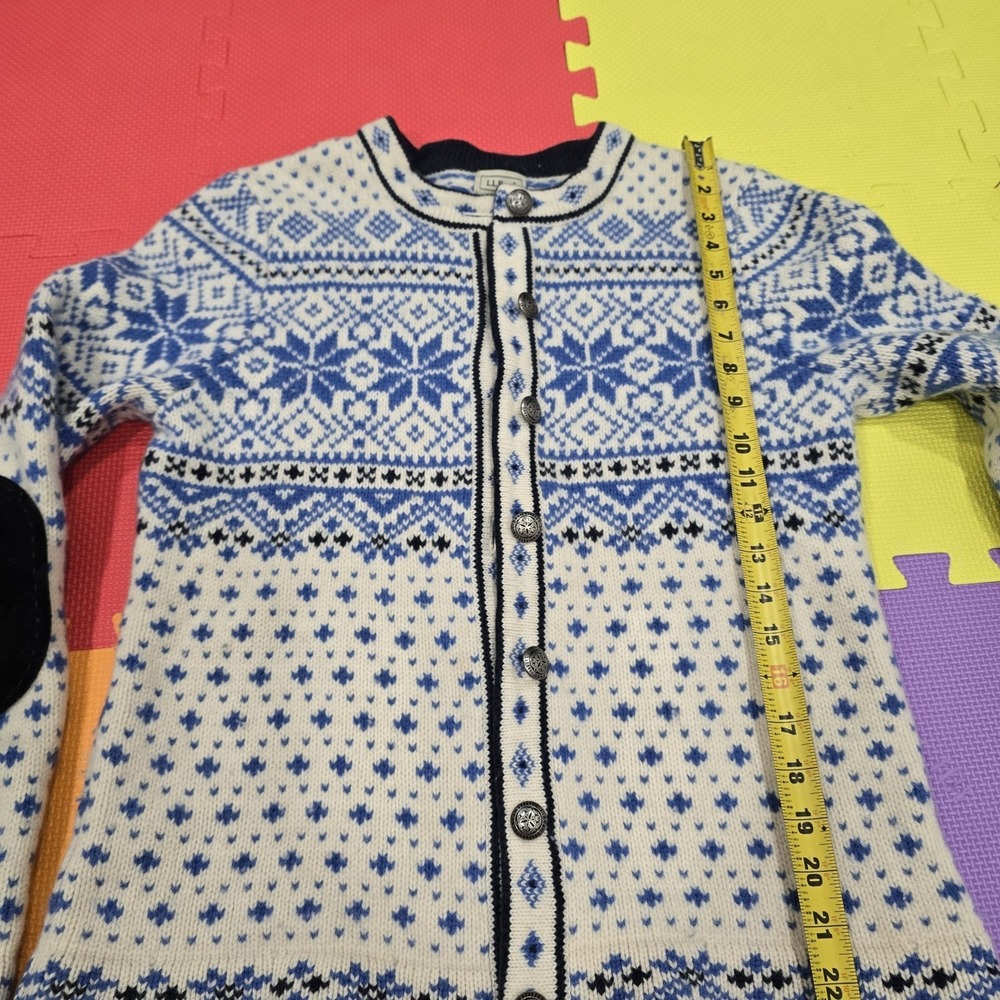 L.L. Bean Women's Fair Isle Cardigan Sweater 100% Lambswool Blue White Size M...